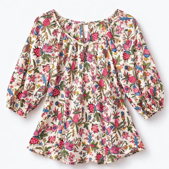 Lucky Brand Tops - Lucky Brand India Cotton Boho Floral Peasant Blouse Keyhole Cottagecore Medium